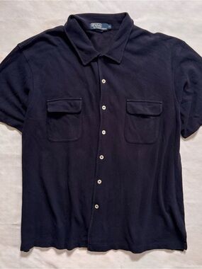 Ralph Lauren Polo Vintage Navy Short-Sleeve Button-Down Knit Shirt
